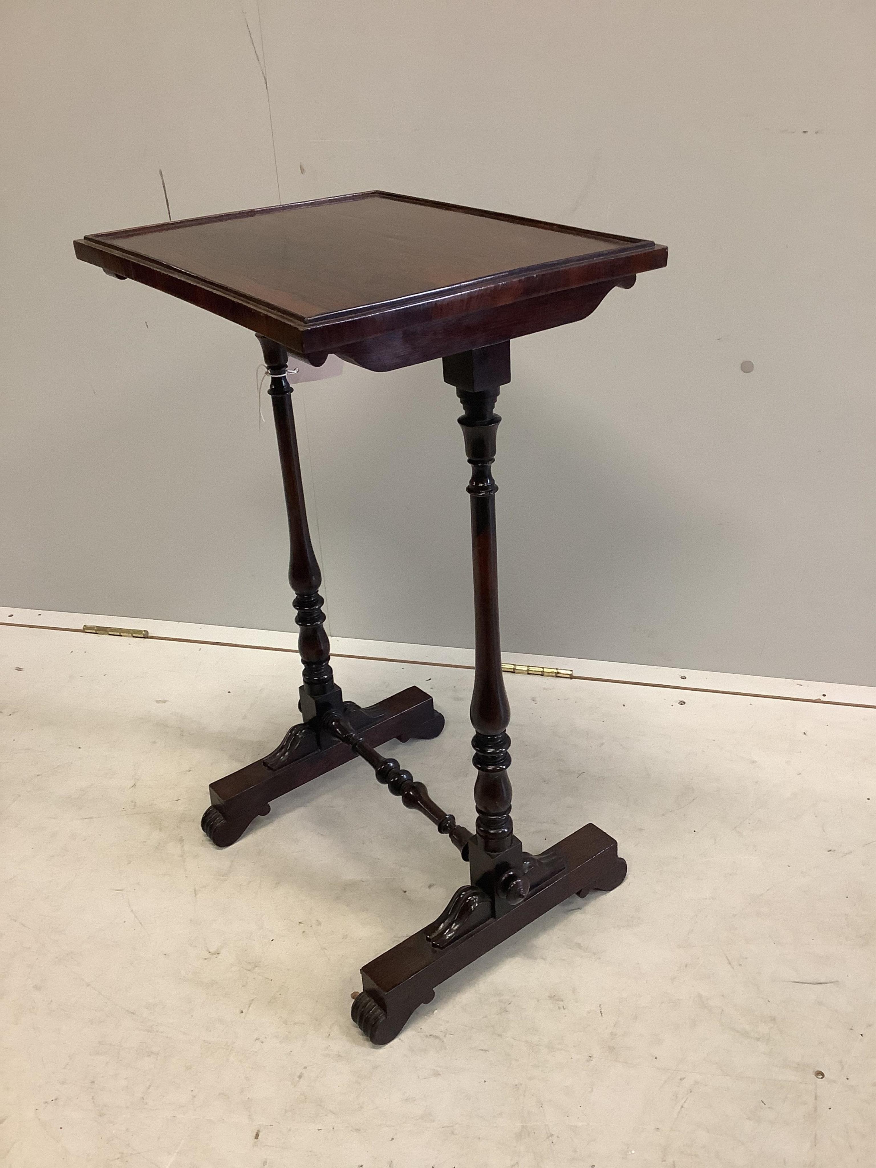 A Regency rectangular rosewood stretcher base side table, width 41cm, depth 33cm, height 69cm. Condition - fair to good